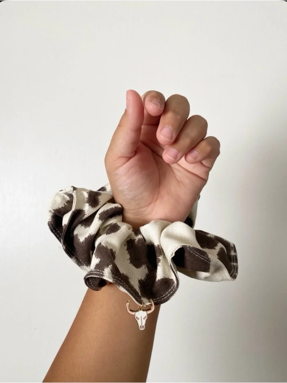 Cream & Brown Cow cotton canvas XL Scrunchie with Bull Charm
